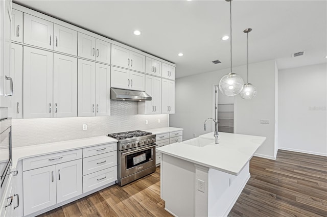 kitchen featuring under cabinet range hood, a sink, white cabinets, light countertops, and high end stainless steel range oven