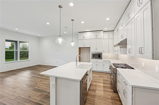 kitchen with an island with sink, hanging light fixtures, stainless steel appliances, light countertops, and under cabinet range hood