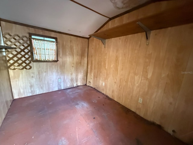 basement featuring wooden walls