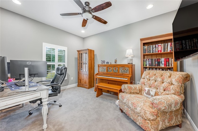 home office with light carpet, baseboards, a ceiling fan, and recessed lighting