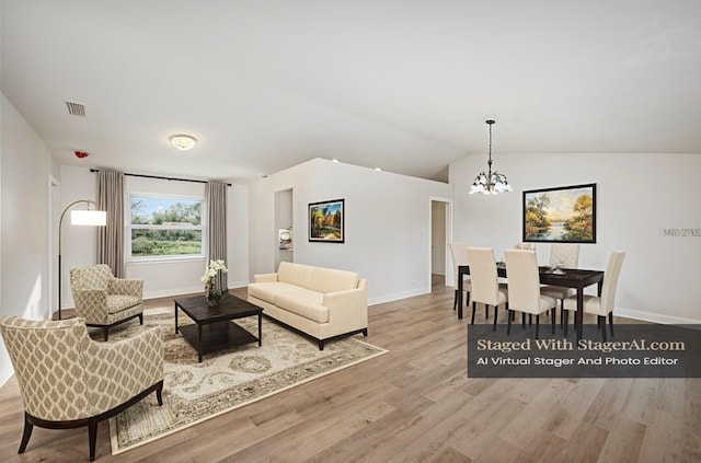 1001 Glencove Ave NW, Palm Bay, FL 32907 - living room with lofted ceiling, an inviting chandelier, wood finished floors, visible vents, and baseboards