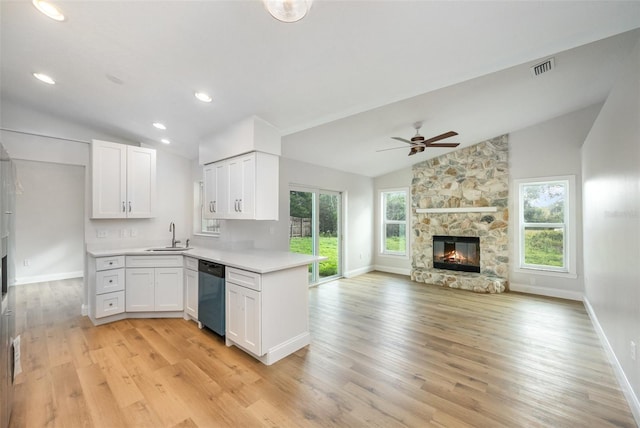 1001 Glencove Ave NW, Palm Bay, FL 32907 - kitchen featuring dishwasher, vaulted ceiling, a stone fireplace, and light countertops
