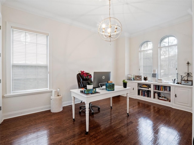 home office with ornamental molding, dark hardwood / wood-style floors, and a chandelier