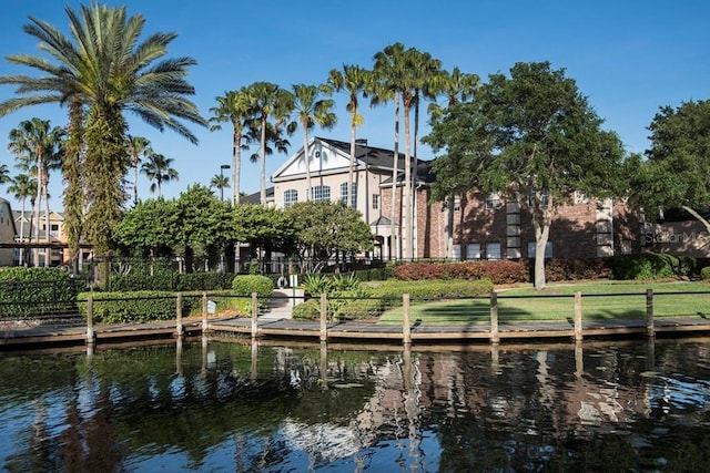 exterior space with a water view