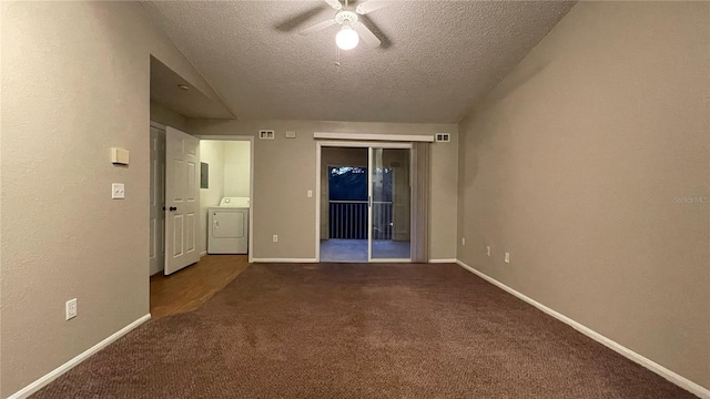 unfurnished bedroom featuring a textured ceiling, access to outside, ceiling fan, washer / clothes dryer, and carpet