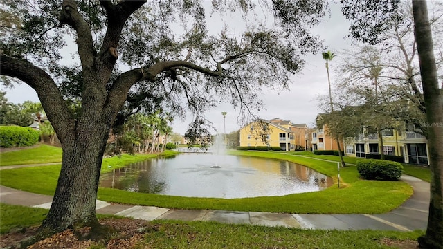 view of home's community featuring a water view and a lawn