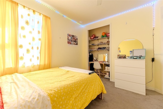 carpeted bedroom with a walk in closet and a closet