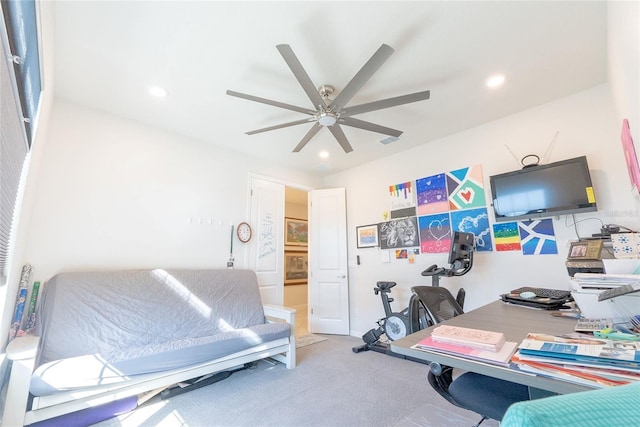 interior space featuring ceiling fan