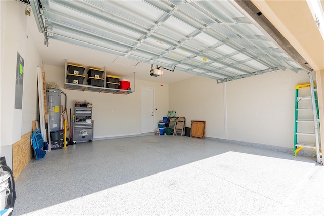 garage with a garage door opener and water heater