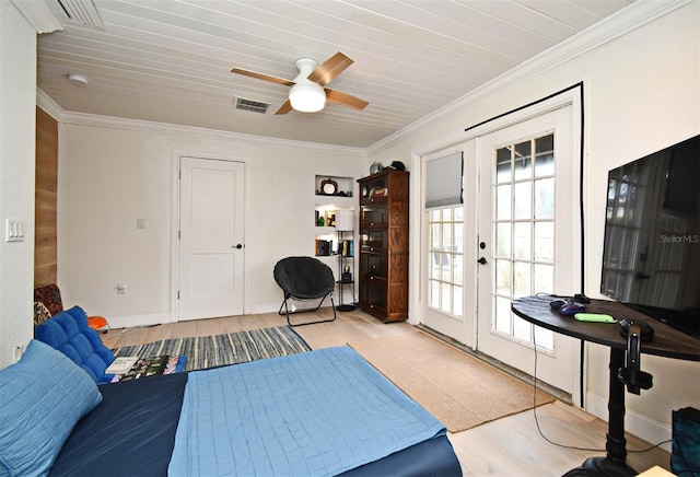 1611 Chestnut Ave, Winter Park, FL 32789 - living room with french doors, light wood-style flooring, crown molding, plenty of natural light, and a ceiling fan