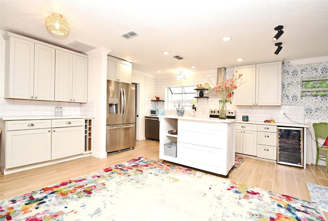 1611 Chestnut Ave, Winter Park, FL 32789 - kitchen featuring wine cooler, stainless steel refrigerator with ice dispenser, open shelves, light wood finished floors, and crown molding