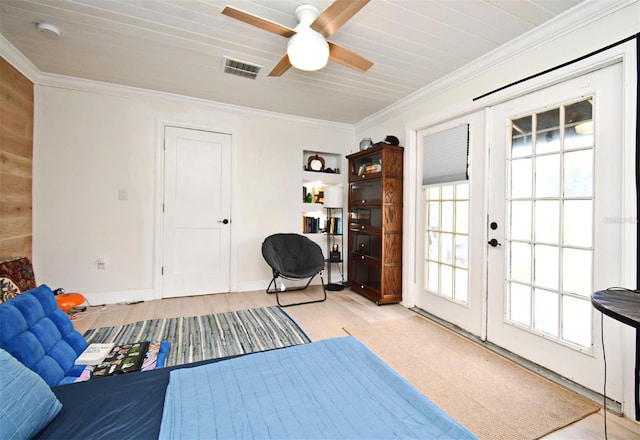 1611 Chestnut Ave, Winter Park, FL 32789 - sitting room with french doors, ceiling fan, crown molding, light wood-type flooring, and baseboards
