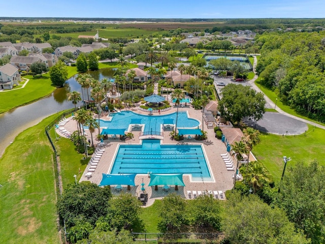 drone / aerial view featuring a water view