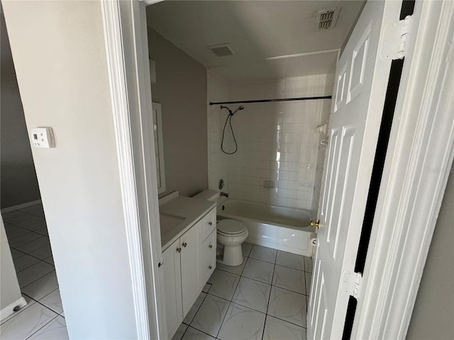 full bath with washtub / shower combination, toilet, vanity, and visible vents