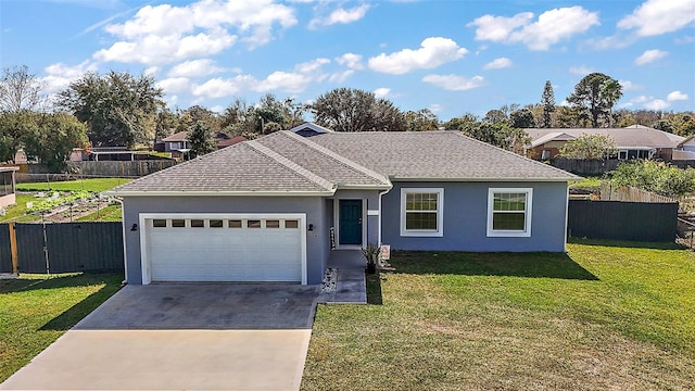 single story home featuring a garage and a front lawn