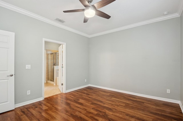 unfurnished bedroom with hardwood / wood-style flooring, ornamental molding, and ceiling fan