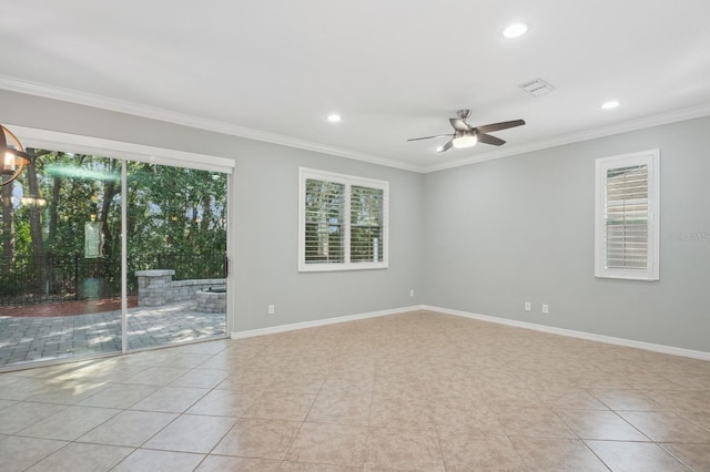 981 Galway Blvd, Apopka, FL 32703 - tiled empty room with baseboards, a wealth of natural light, crown molding, and ceiling fan with notable chandelier