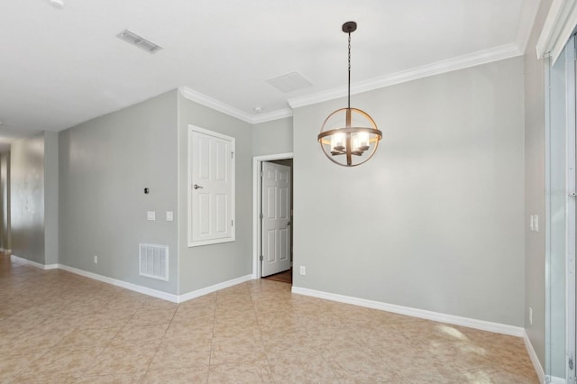 981 Galway Blvd, Apopka, FL 32703 - spare room with baseboards, ornamental molding, visible vents, and an inviting chandelier