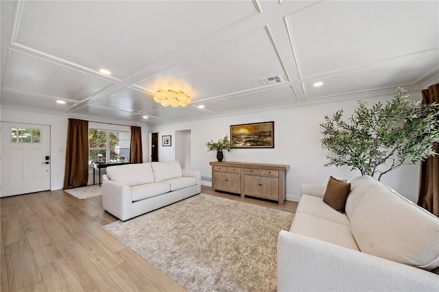 7746 Westmoreland Dr, Sarasota, FL 34243 - living area featuring crown molding, light wood-style floors, coffered ceiling, visible vents, and recessed lighting