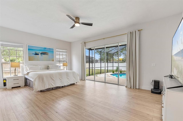 bedroom with ceiling fan, access to exterior, and light hardwood / wood-style floors