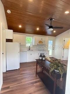 kitchen featuring white cabinetry, white fridge, sink, and wood ceiling