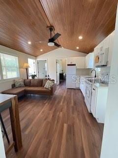 interior space featuring wood ceiling, ceiling fan, white cabinets, dark hardwood / wood-style flooring, and vaulted ceiling