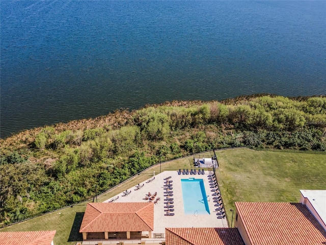 drone / aerial view with a water view