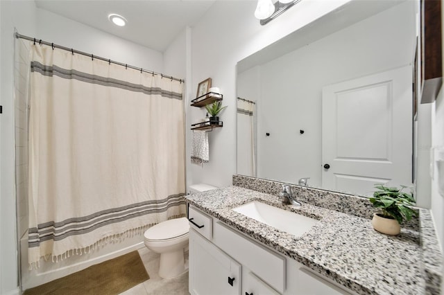 full bath with tile patterned flooring, toilet, recessed lighting, vanity, and shower / bath combination with curtain