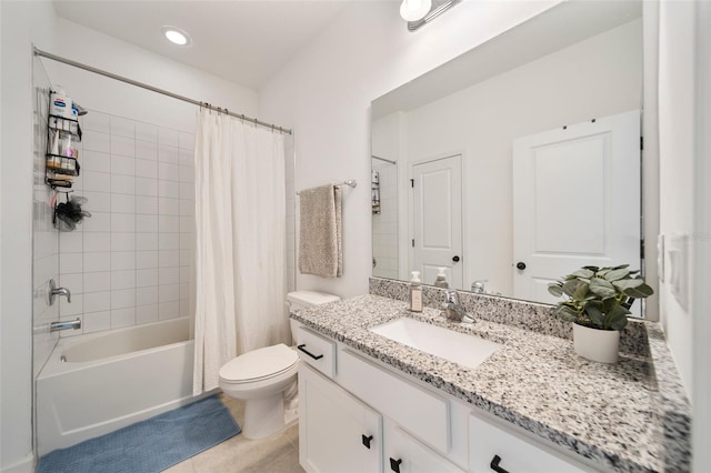 bathroom with shower / bath combo, toilet, tile patterned flooring, vanity, and recessed lighting