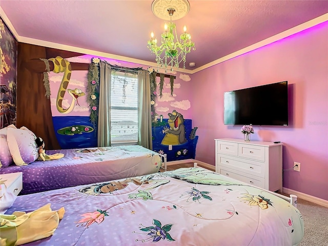 carpeted bedroom featuring an inviting chandelier