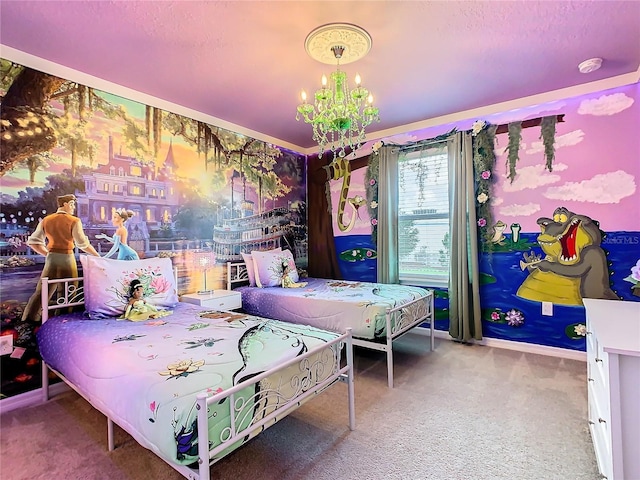 carpeted bedroom featuring a chandelier