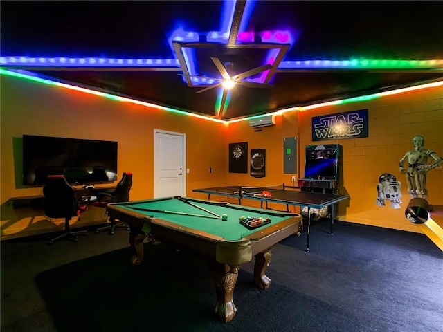 game room featuring carpet, electric panel, a wall unit AC, and billiards