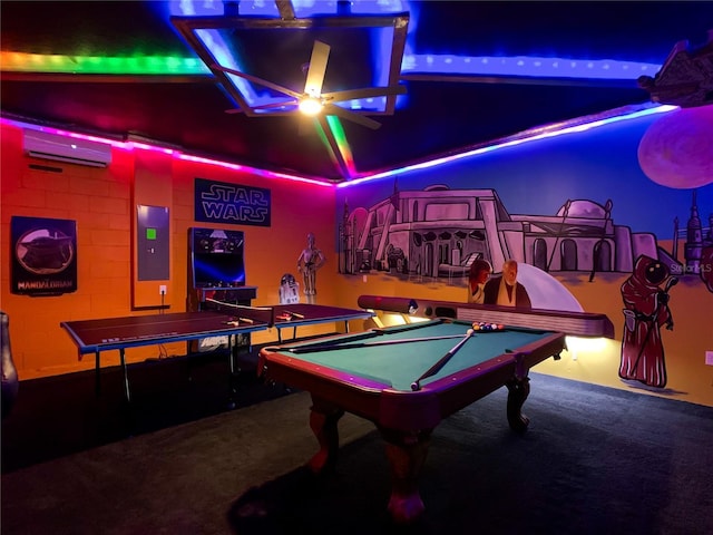 recreation room with an AC wall unit, electric panel, and billiards