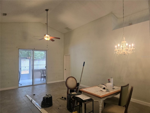 unfurnished office featuring high vaulted ceiling, visible vents, and baseboards