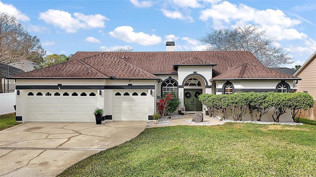 view of front of home with a garage and a front lawn