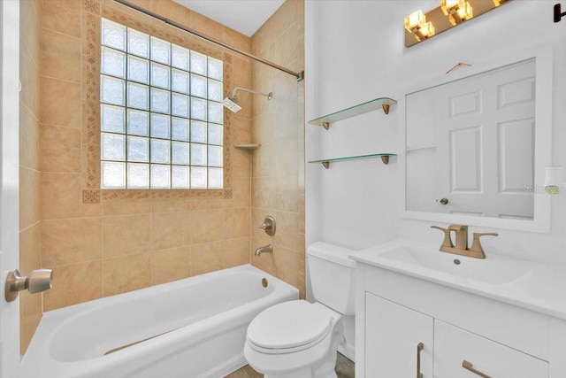 full bathroom with toilet, plenty of natural light, vanity, and shower / bathing tub combination