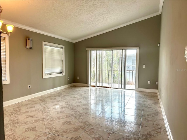 unfurnished room with ornamental molding, lofted ceiling, a chandelier, and a textured ceiling