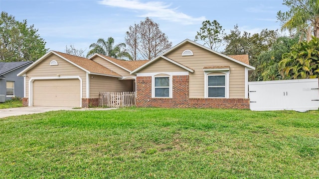 single story home with a garage, brick siding, fence, driveway, and a front yard