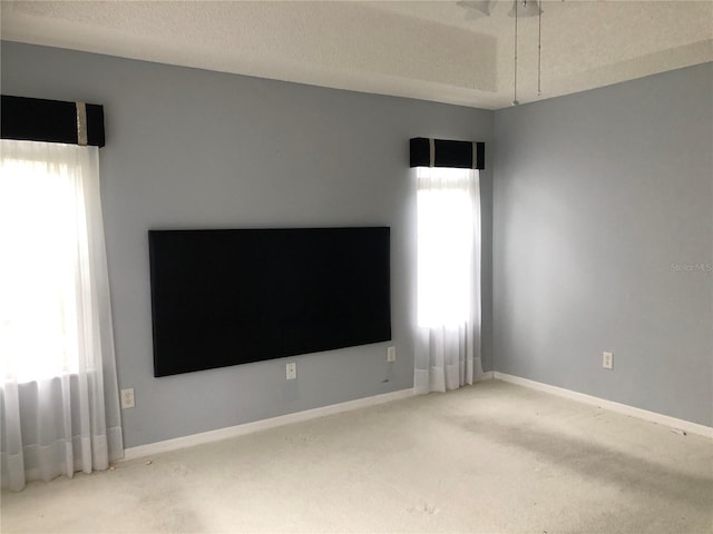 spare room featuring a wealth of natural light, light colored carpet, and a textured ceiling