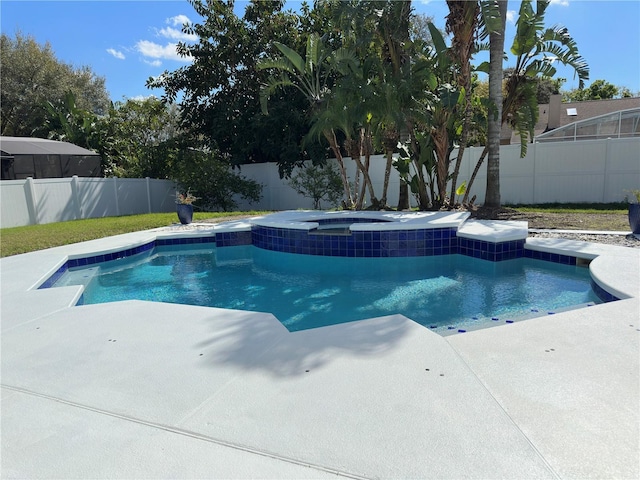 view of pool featuring a fenced backyard, a fenced in pool, and an in ground hot tub