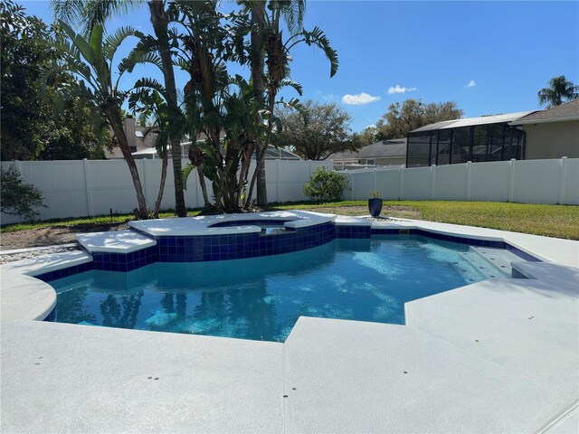 view of pool featuring an in ground hot tub, a fenced backyard, a fenced in pool, and central air condition unit