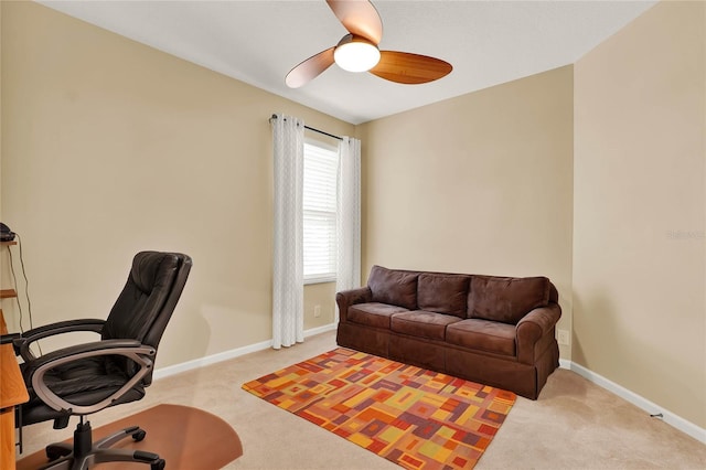 carpeted office with ceiling fan