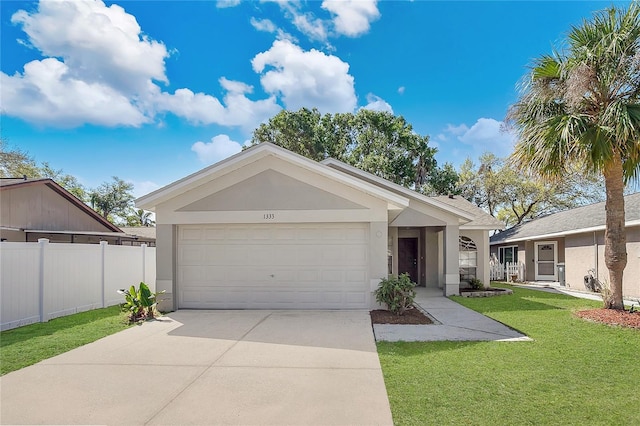 ranch-style home with stucco siding, driveway, a front yard, and fence