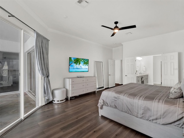 bedroom featuring access to exterior, visible vents, dark wood finished floors, and crown molding