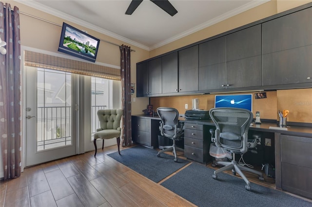 office area featuring crown molding, ceiling fan, and wood-type flooring