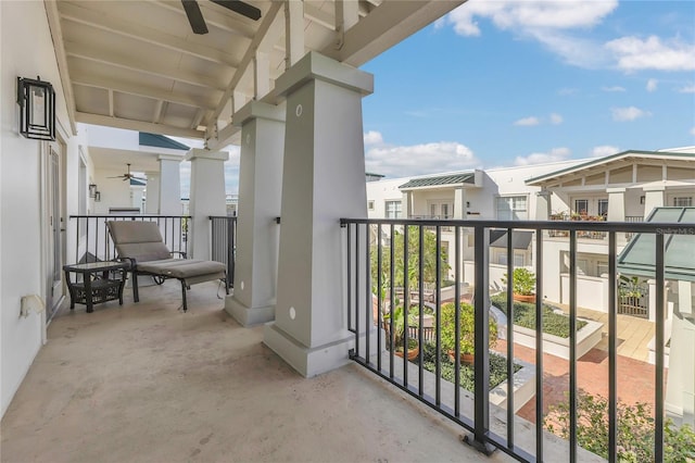 balcony featuring ceiling fan