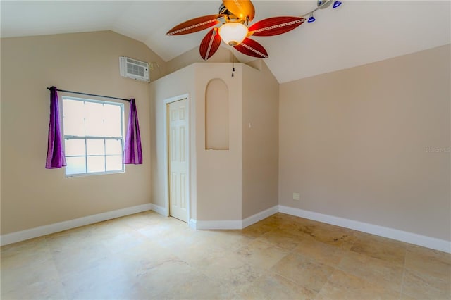 unfurnished room featuring vaulted ceiling, an AC wall unit, and ceiling fan