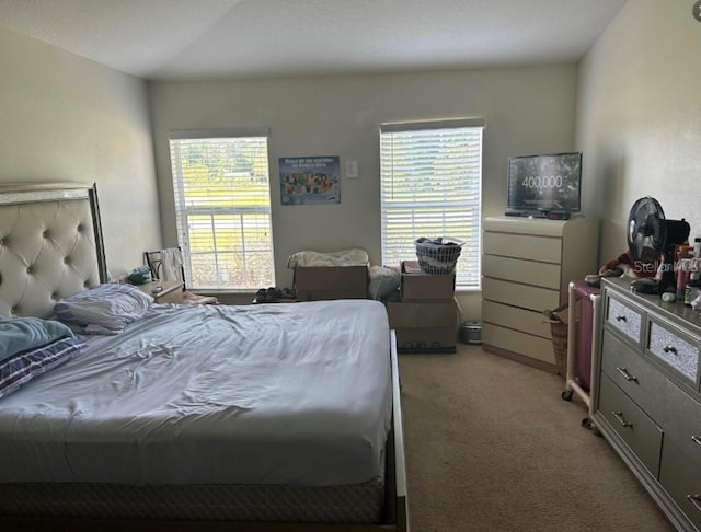 bedroom with lofted ceiling and light carpet