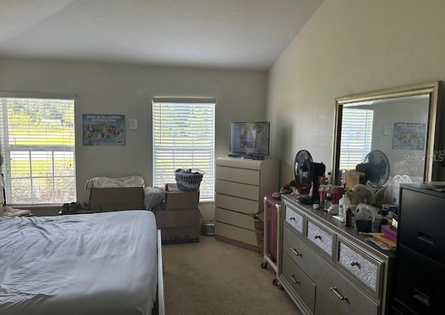 bedroom featuring lofted ceiling and light colored carpet