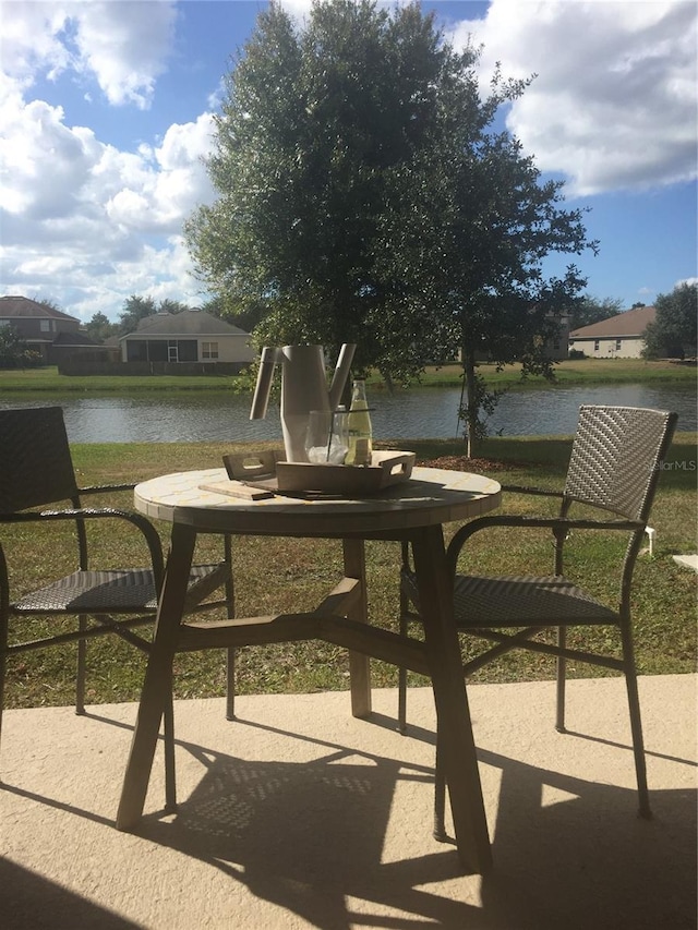 view of patio featuring a water view